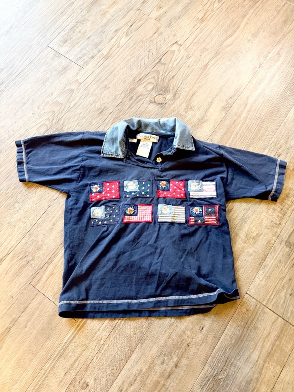 Vintage Victoria Jones Navy Patchwork Denim Collar Shirt XS